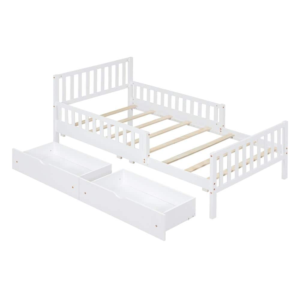 White Wood Frame Twin Platform Bed with Two Storage Drawers and Guardrails durable construction price history on PriceWatchPro