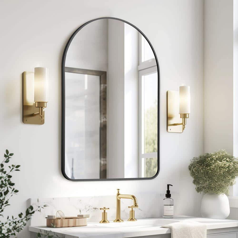 24 in. W x 36 in. H Arch Wall Mirror for Bathroom with Metal Frame Round Co