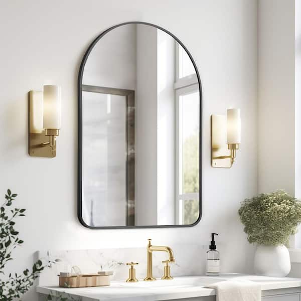 Lirago 24 in. W x 36 in. H Arch Wall Mirror for Bathroom with Metal Frame Round Corner for Wall Decoration in Black, Set of 2