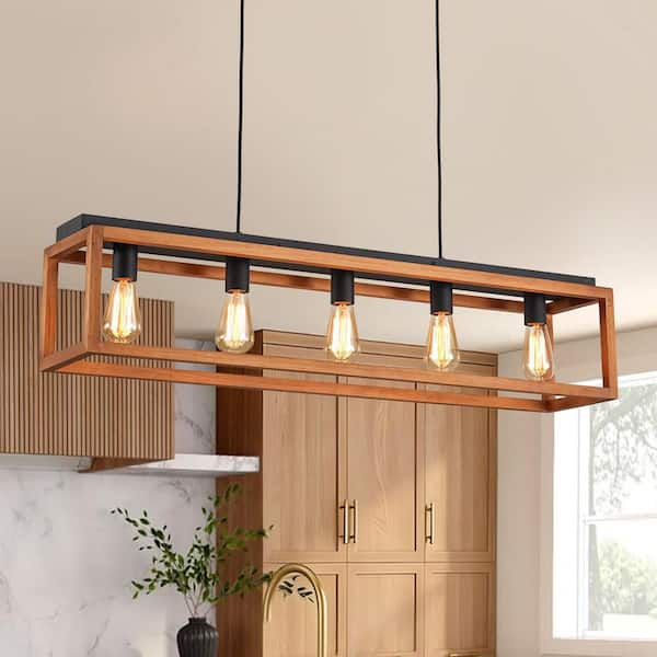Libtad 5-Light 40 in. W Brown Wood and Matte Black Rectangular Farmhouse Linear Pendant Light for Kitchen Island