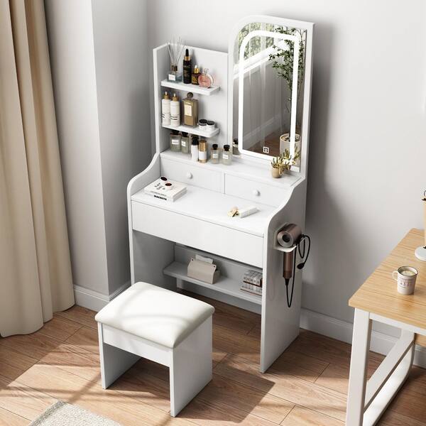 White Makeup Vanity Set with Chair, 3 Color Lighting Brightness