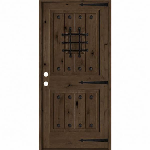 36 in. x 80 in. Mediterranean Knotty Alder Sq. Top Right-Hand/Inswing BEHR Espresso Stain Single Wood Prehung Front Door