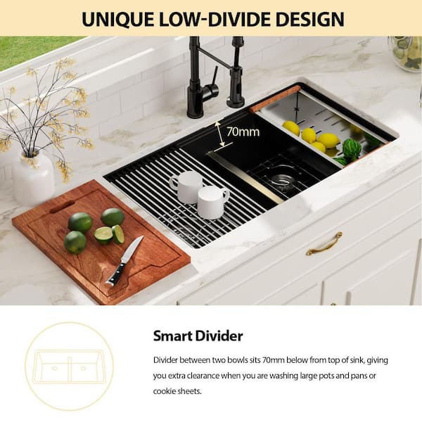 Logmey 33 in. Matte Black Undermount Low Divide Double Bowl