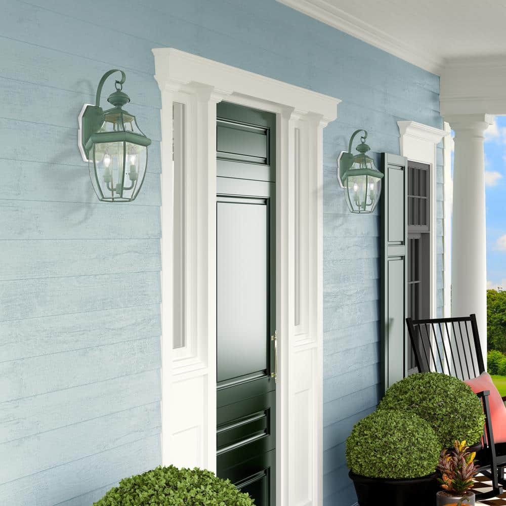 Verdigris Brass Dual-Light Lantern Wall Sconce with Clear Beveled Glass
