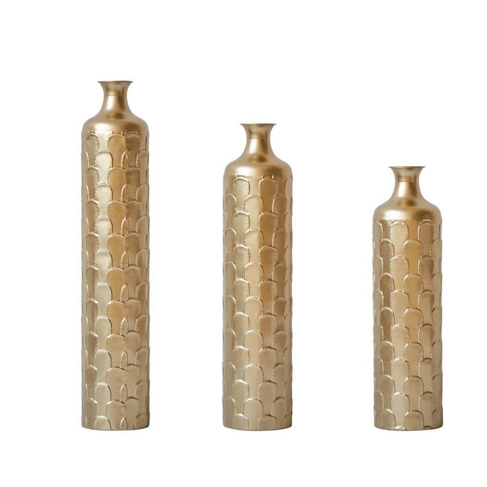 34 in. Gorgeous Gold Floor Large Glazed Metal Cylinder Decorated