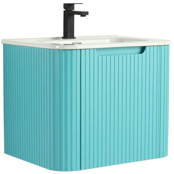Caskvalley 24 in. Floating Bath Vanity in Tiffany Blue with White Ceramic Sink Top Assembled