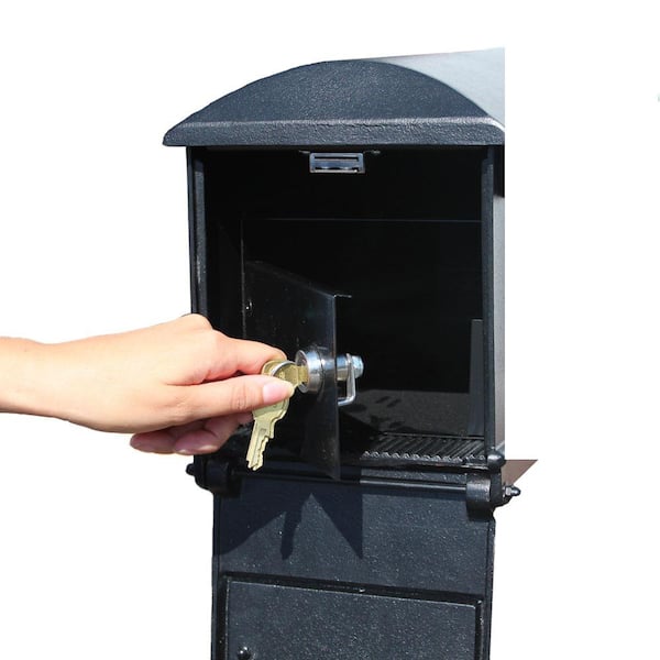 Lewiston Black Post Mount Locking Insert Mailbox with Decorative Fluted Base and Ball Finial