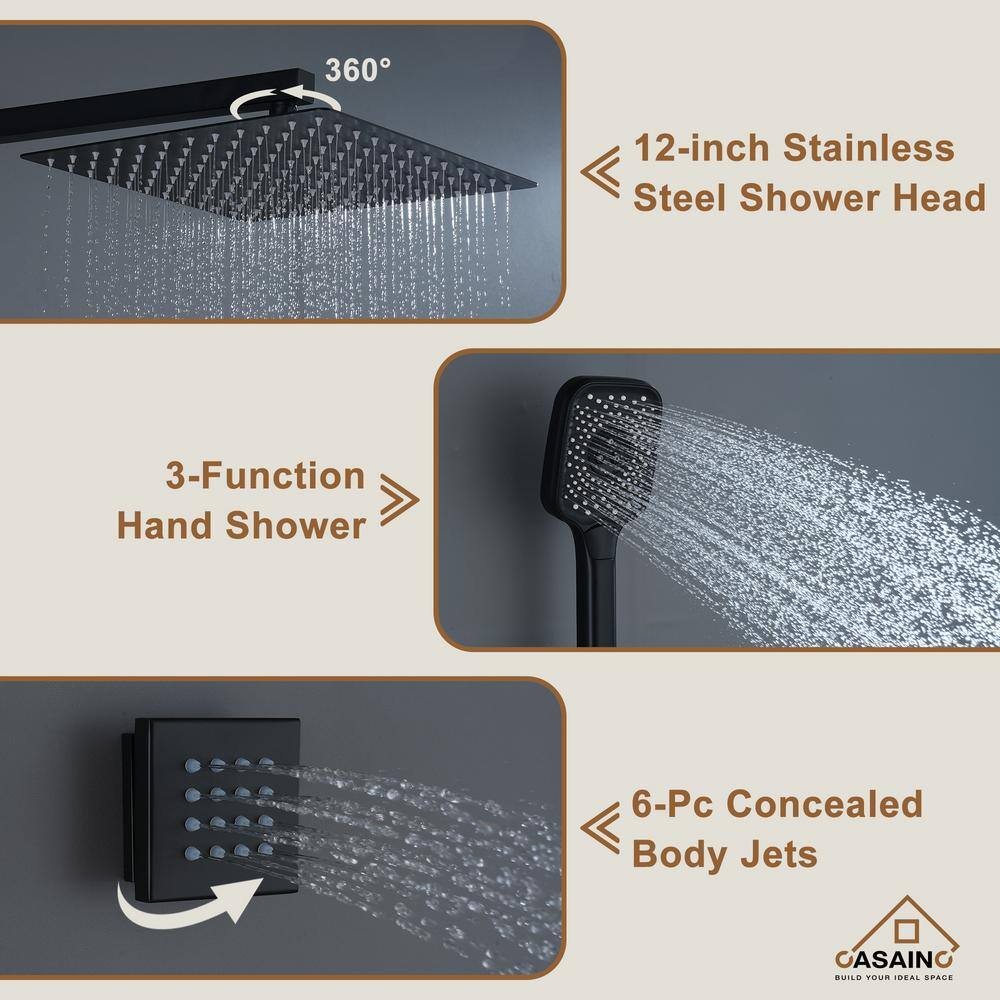 Matte Black 12-Inch Stainless Steel Multi-Head Wall Mounted Shower System