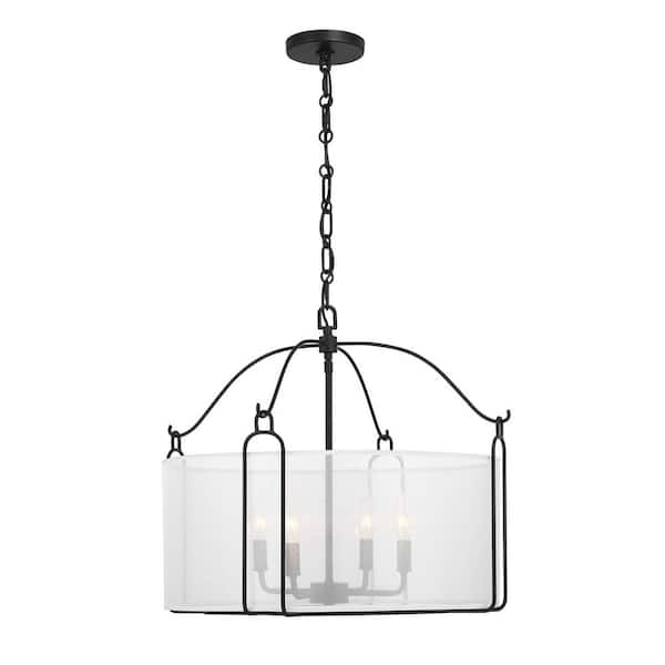 Ashlay 4-Light Matte Black Modern Farmhouse Transitional Pendant with Sheer Organze Drum Shade