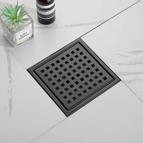 Magic Home 6 in. Square Stainless Steel Shower Floor Drain with Flange,Removable Pattern Grate and Food-Grade, Oil-Rubbed Bronze