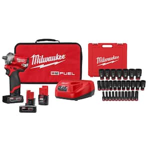 M12 FUEL 12V Lithium-Ion Brushless Cordless Stubby 3/8 in. Impact Wrench w/Bonus Battery and Socket Set (29-Piece)