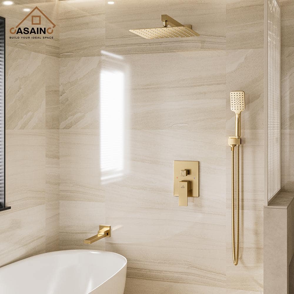 Brushed Gold 10" Square Rainfall Shower System with Handheld