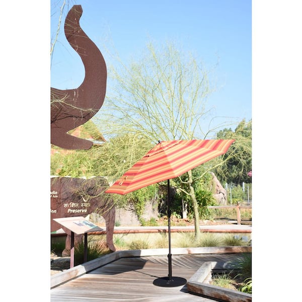 9 ft. Bronze Aluminum Market Auto-tilt Crank Lift Patio Umbrella in Melon Sunbrella