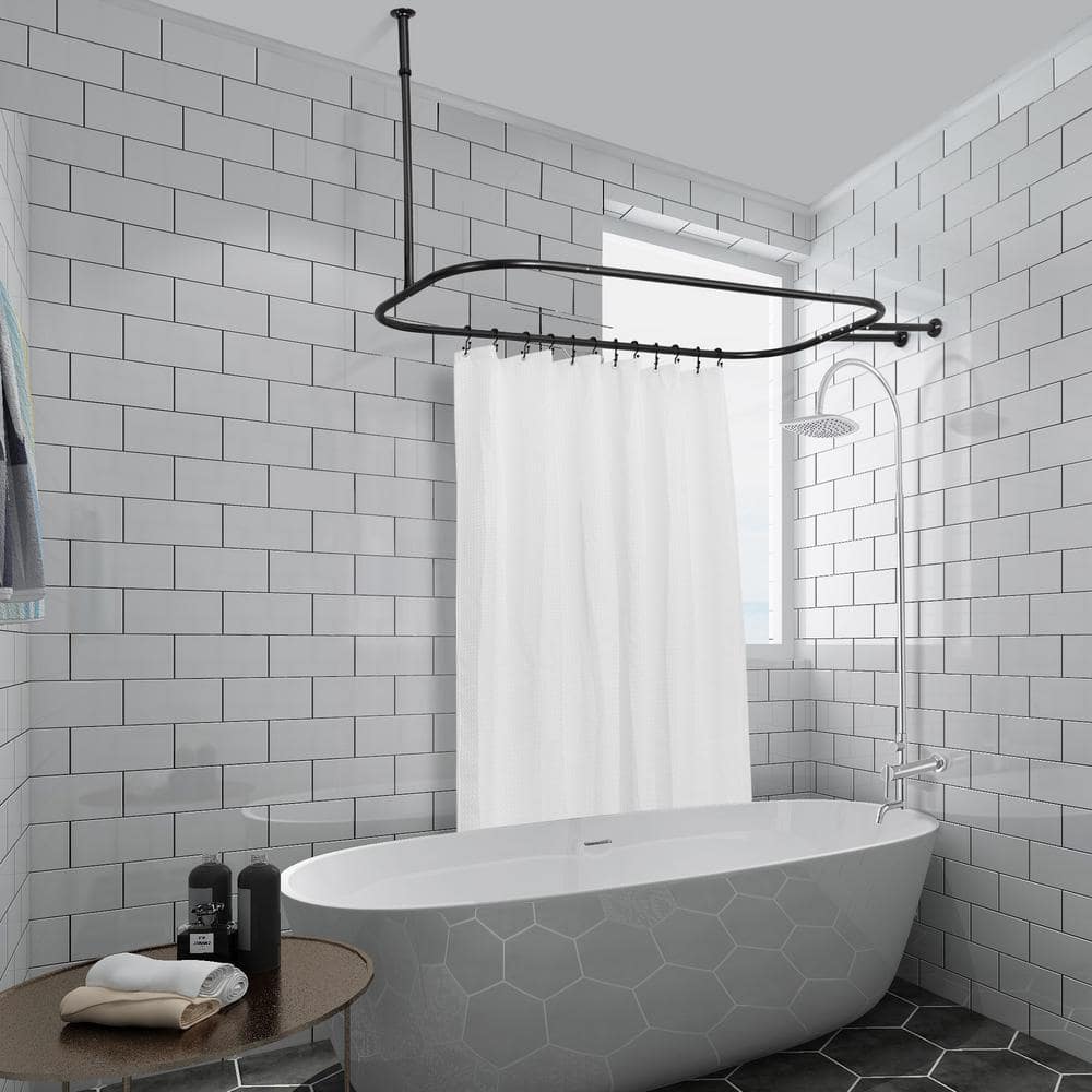Black Aluminum D-Shaped Wall and Ceiling Mounted Shower Rod
