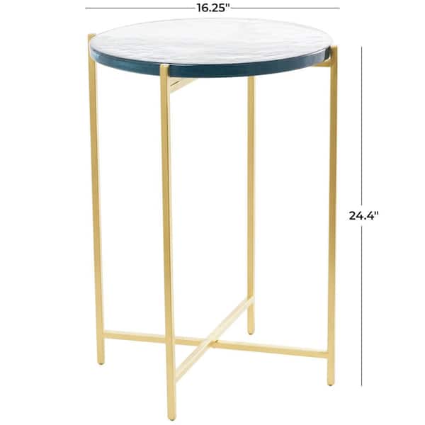 16 in. Gold X-Shaped Large Round Glass End Table with Textured Glass Tabletop