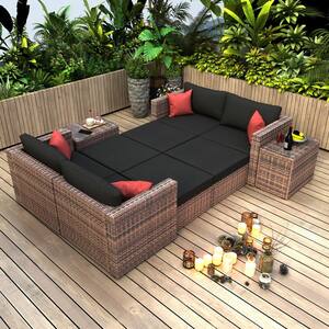 Brown 10-Pieces Wicker Sectional Outdoor Conversation Sofa Set with Black Cushions and Red Pillows, Protection Cover