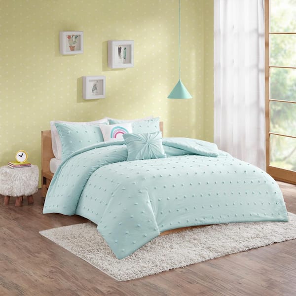 Intelligent Design Kids Ensley 5-Piece Aqua 100% Cotton Full/Queen Jacquard Pom Pom Kids Comforter Set