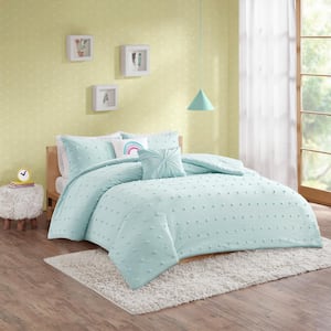 Ensley 4-Piece Aqua 100% Cotton Twin Jacquard Pom Pom Kids Comforter Set