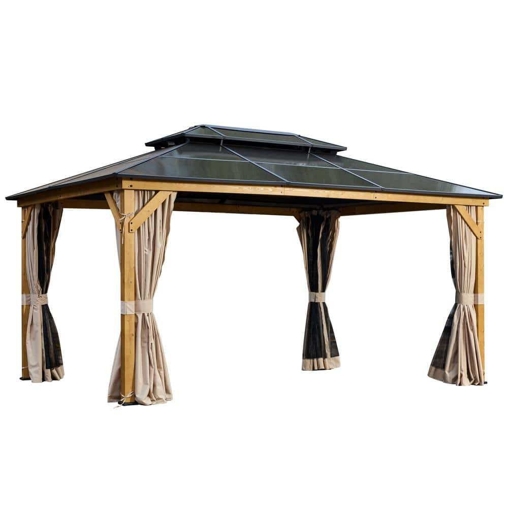 12 ft. x 16 ft. Wood Gazebo with Black Double Polycarbonate Hardtop Roof, O
