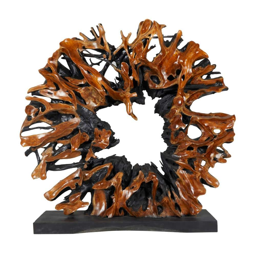 Litton Lane Brown Teak Wood Handmade Large Oversized Tree Root Floor Abstract Sculpture with Live Edge Teak Base