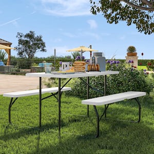 4.5 ft. Rectangular White Steel Frame Outdoor Picnic Table and Bench with Weather Resistant Resin Tabletop and Stable