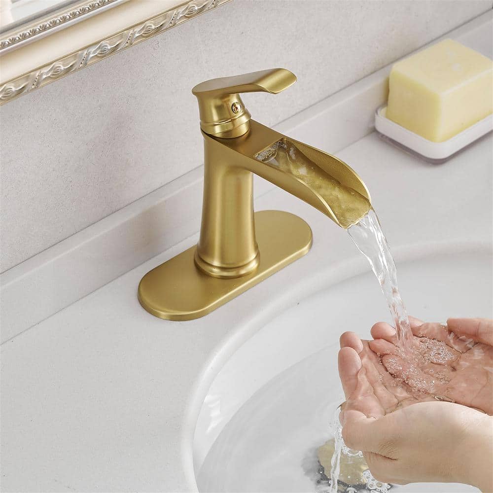 Brushed Gold Brass Waterfall Bathroom Faucet with Pop-Up Drain