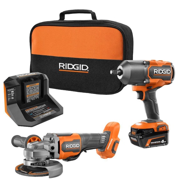RIDGID 18V Brushless Cordless 2-Tool Combo Kit with High-Torque Impact Wrench, Angle Grinder, 4.0 Ah Battery, and Charger