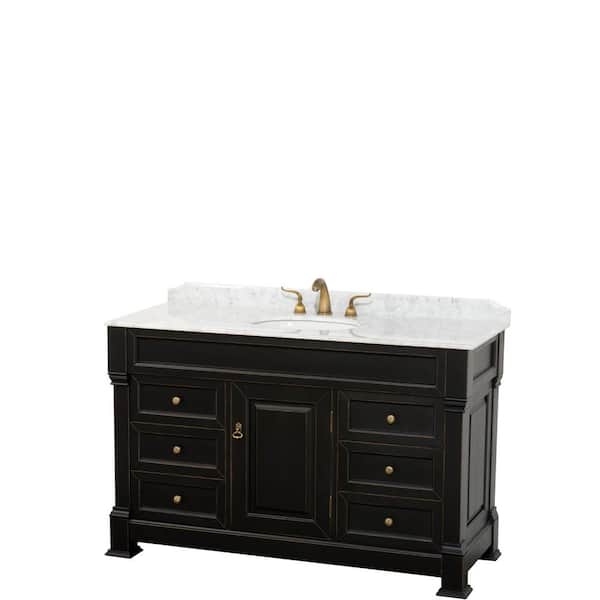 Wyndham Collection Andover 55 in. W x 23 in. D Bath Vanity in Black with Marble Vanity Top in White with White Basin