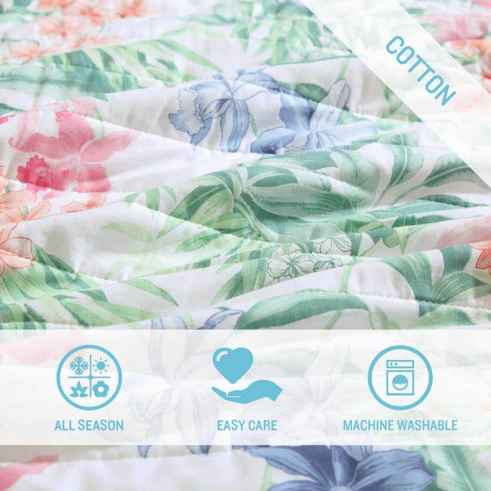 Twin Blue Cotton Reversible Quilt Set with Botanical Pattern