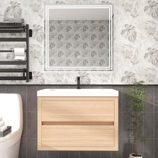 BV Better Vanity Louis 30 in. W x 20 in. D x 22 in. H Single Sink Floating Bath Vanity in Champagne Oak with White Acrylic Top