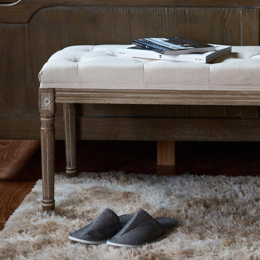 Beige French Vintage Upholstered Bench with Carved Wood Frame