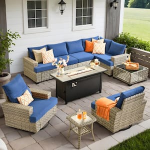 Torino Gray 10-Piece Wicker Outdoor Patio Conversation Sofa Sectional Set with a Metal Fire Pit and Navy Blue Cushions