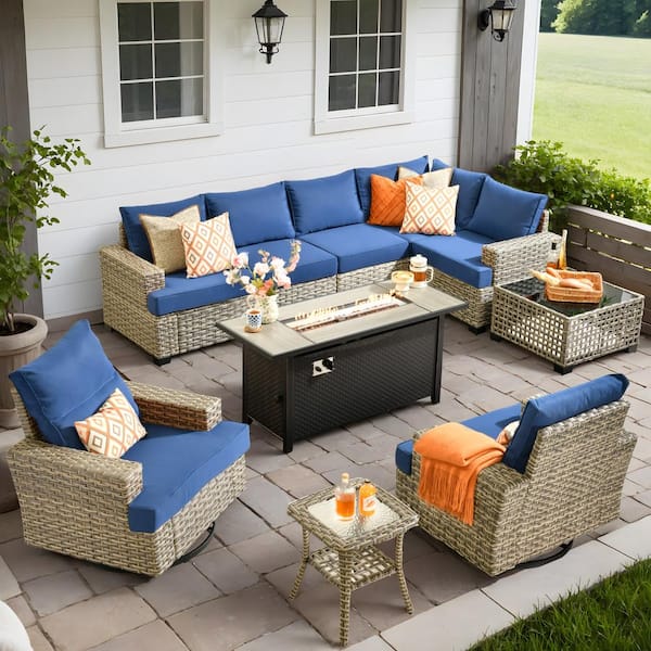 Torino Gray 10-Piece Wicker Outdoor Patio Conversation Sofa Sectional Set with a Metal Fire Pit and Navy Blue Cushions