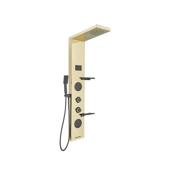 Dual 4-in-1 2-Jet Rainfall Shower Panel System with Rainfall Shower Head, Shelf, STub Spout and LED Light in Black Gold