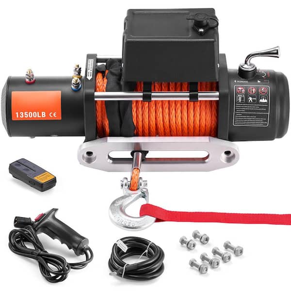 Electric Winch, 13,500 lbs., 12V DC Truck Winch with Φ3/8 in. x 80 ft. Synthetic Rope Aluminum Fairlead Remote Control