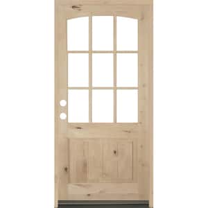 32 in. x 80 in. Knotty Alder Right-Hand/Inswing 1/2 Lite Arch Top V-Panel Clear Glass Unfinished Wood Prehung Front Door