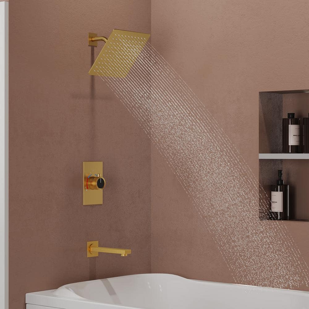 Brushed Gold Wall-Mounted Rain Shower and Tub Faucet Set