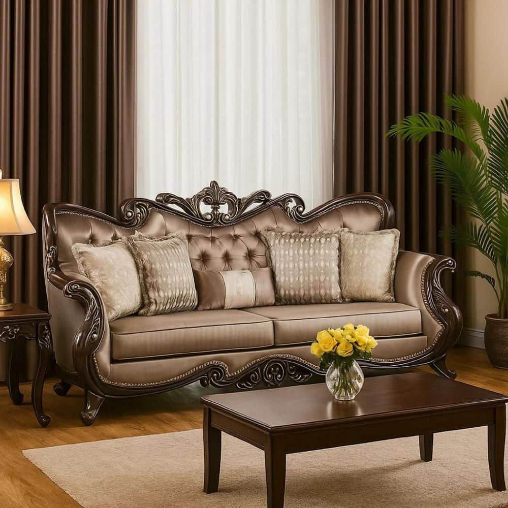 Aboi 28 in. Round Arm Velvet Rectangle with Accent Pillows Sofa Brown and Cherry Brown