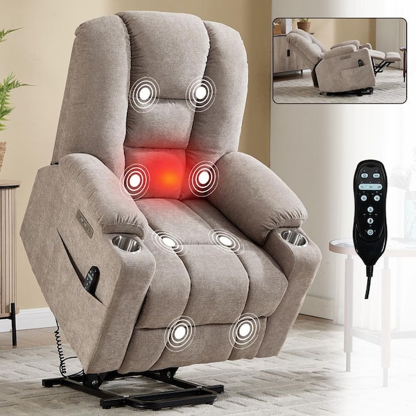 Khaki Overstuffed Large Chenille Power Lift Recliner Chair with Massage and Heat, USB & Type C Ports, Cup Holders