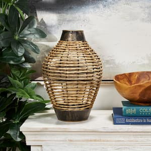 Bronze Handmade Twisted Plastic Rattan Decorative Vase with Open Frame Design and Bronze Metal Details