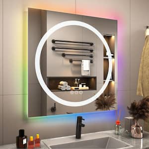 28 in. W x 28 in. H Square Frameless RGB Backlit and LED Frontlit Anti-Fog Tempered Glass Wall Bathroom Vanity Mirror