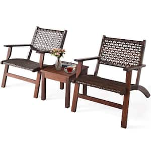 Brown 3-Pieces Wicker Outdoor Bistro Set with Coffee Table