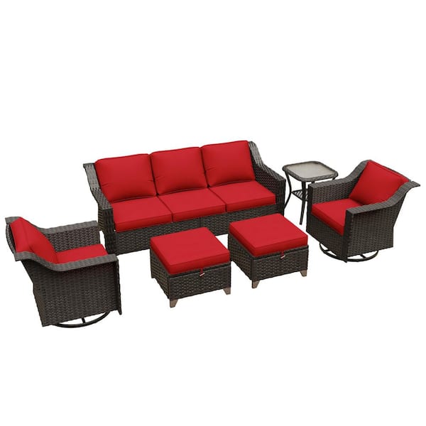 6-Piece Stylish Wicker Patio Conversation Set Outdoor Swivel Rocking Chair Set and Ottoman with Thick Red Cushions