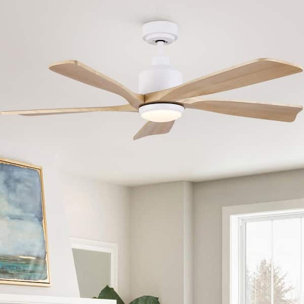 TeakAura 52 in. Indoor Matte White Standard Ceiling Fan with Light, Remote Control Included and Natural Wood Blades