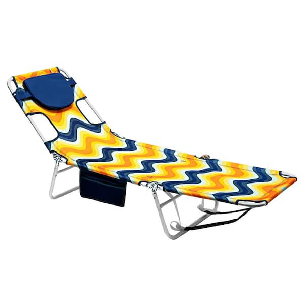 Clihome Outdoor Metal Frame Orange Wave Beach Chair Lounge Chair with Footrest and Side Pocket