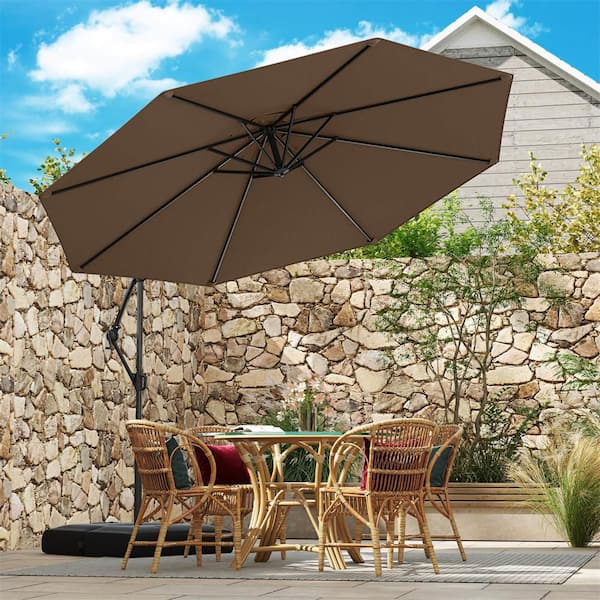 10 ft. Metal Tilt Cantilever Patio Umbrella Offset Hanging Umbrella with Base 360° Rotation in Brown
