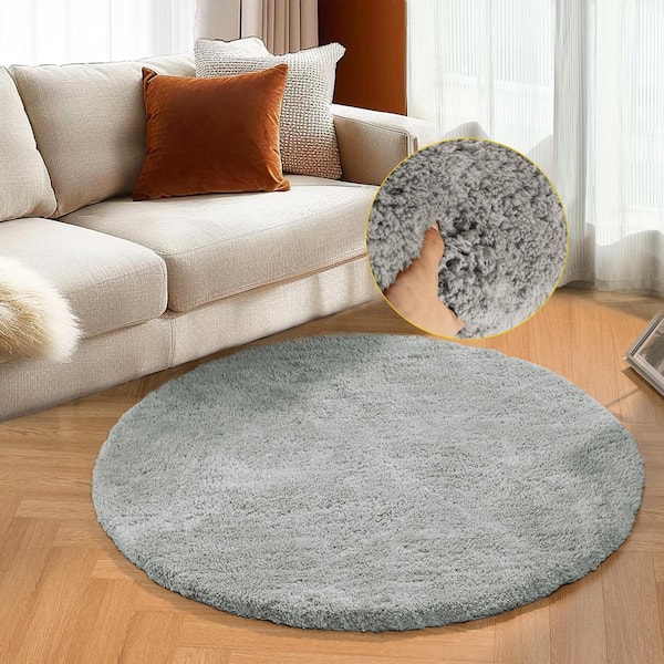 GHDG Solid Shag Gray 3 ft. Cozy Plush Fluffy Round Rug Area Rug