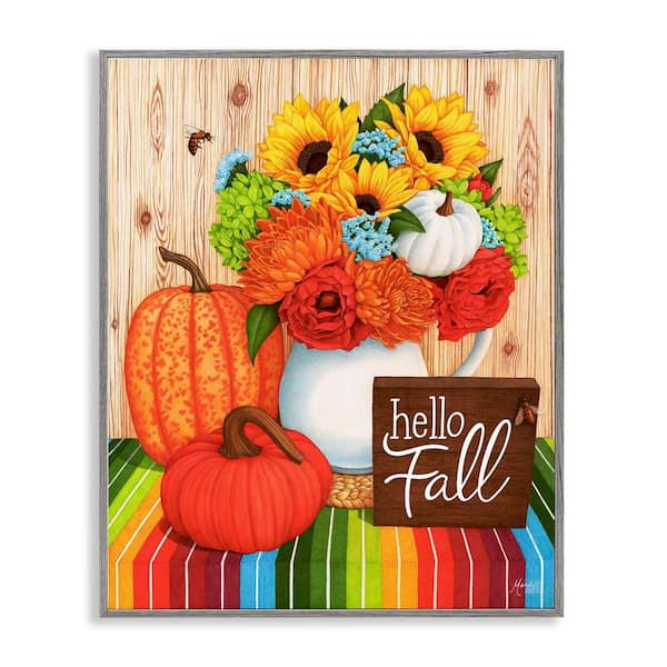 Stupell Industries Hello Fall Rainbow Pumpkins by Mardell Schuster Gray Framed Graphic Typography Art Print 24 in. x 30 in.