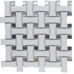Metro Dog Bone Basketweave Matte White with Glass Silver Dot 10 in. x 10 in. Porcelain Mosaic Tile (7.1 sq. ft./Case)