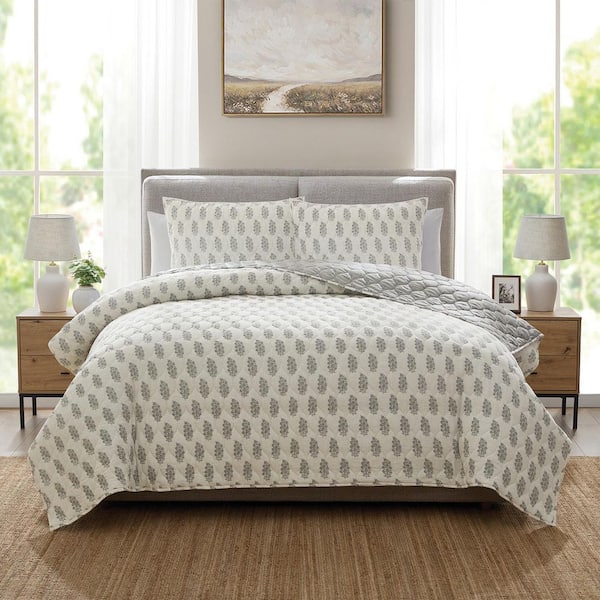 Alba 3-Piece Grey Poly Cotton Blend Gauze Quilt Set, Full/Queen